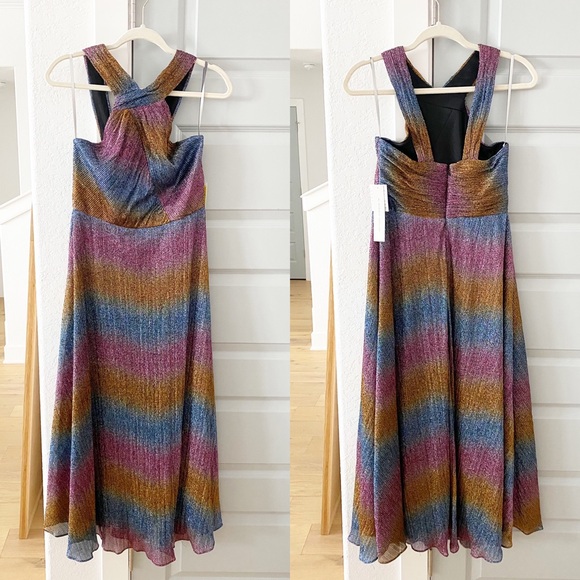 NWT Monique Lhuillier Halterneck Rainbow Shine Metallic Midi Dress - Picture 4 of 7